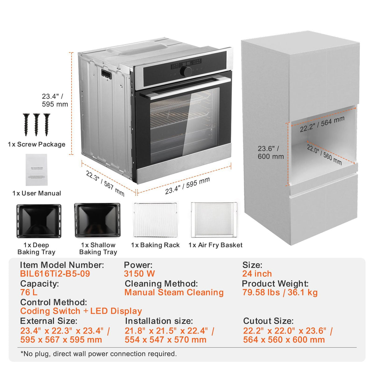 Single Wall Oven, 24" Electric Built-in Wall Oven with 16 Cooking Functions, 2.68 Cu.Ft Electric Wall Ovens with Timer, 3150W Electric Oven with Baking Rack and Tray, for Kitchen