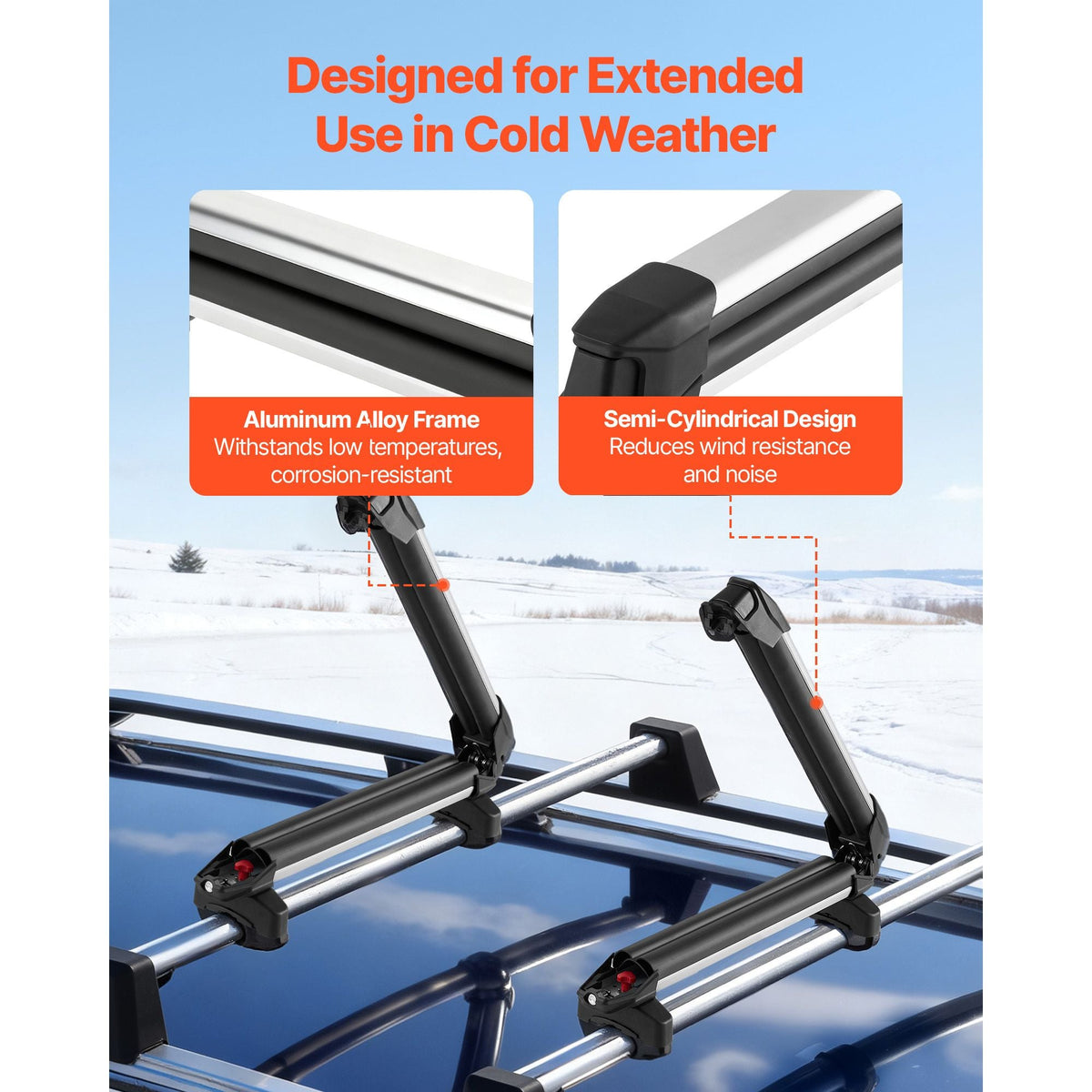 Ski & Snowboard Roof Rack, Carry up to 4 Pairs of Skis or 2 Snowboards, 2 PCS Aluminum Universal Car Roof Rack Top Holder with Lock & Rubber Padding, Carrier for Fishing Rod, Fit Most Crossbars