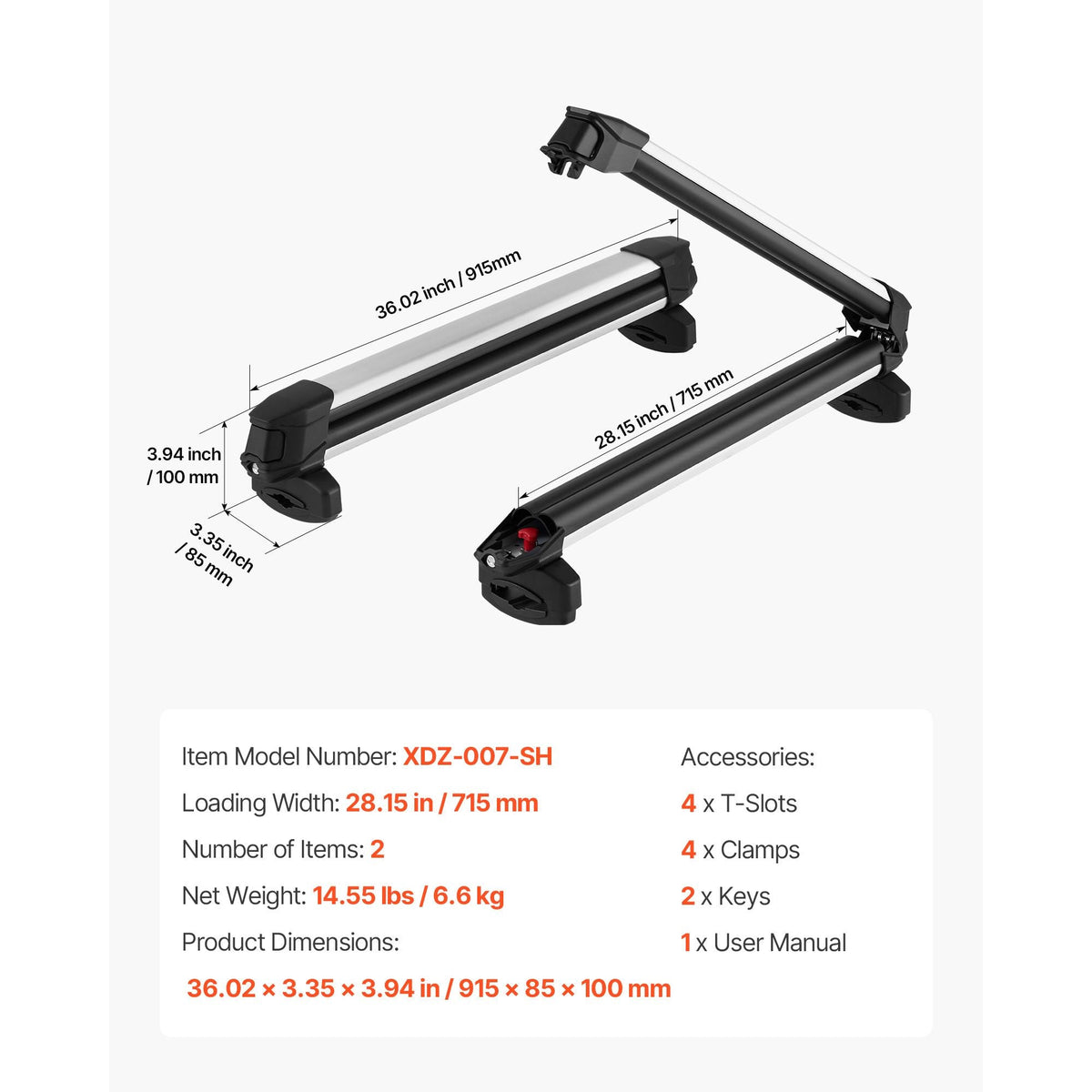 Ski & Snowboard Roof Rack, Carry up to 6 Pairs of Skis or 4 Snowboards, 2 PCS Aluminum Universal Car Roof Rack Top Holder with Lock and Rubber Padding for Fishing Pole Rod, Fit Most Crossbars