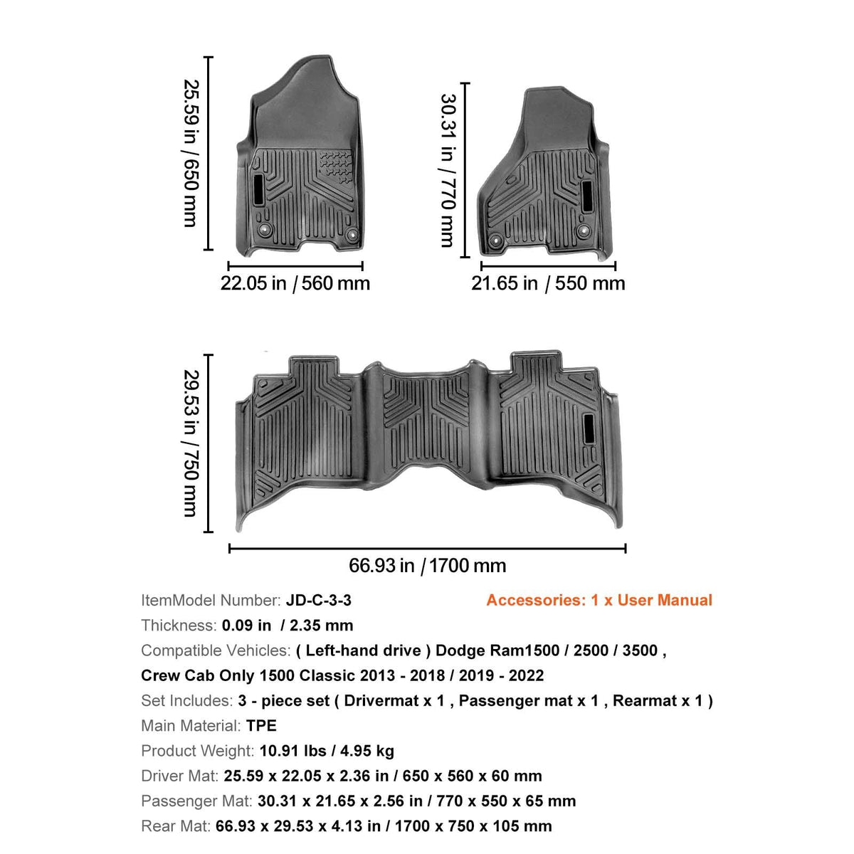 SKYSHALO Truck Floor Liners, Fits Dodge Ram 1500/2500/3500 & 1500 Classic 2013-2018/2019-2022(Crew Cab Only), Include 3 Front & Second Row Mats, Weather-Resistant TPE Custom Fit Mats for Pickup, Black
