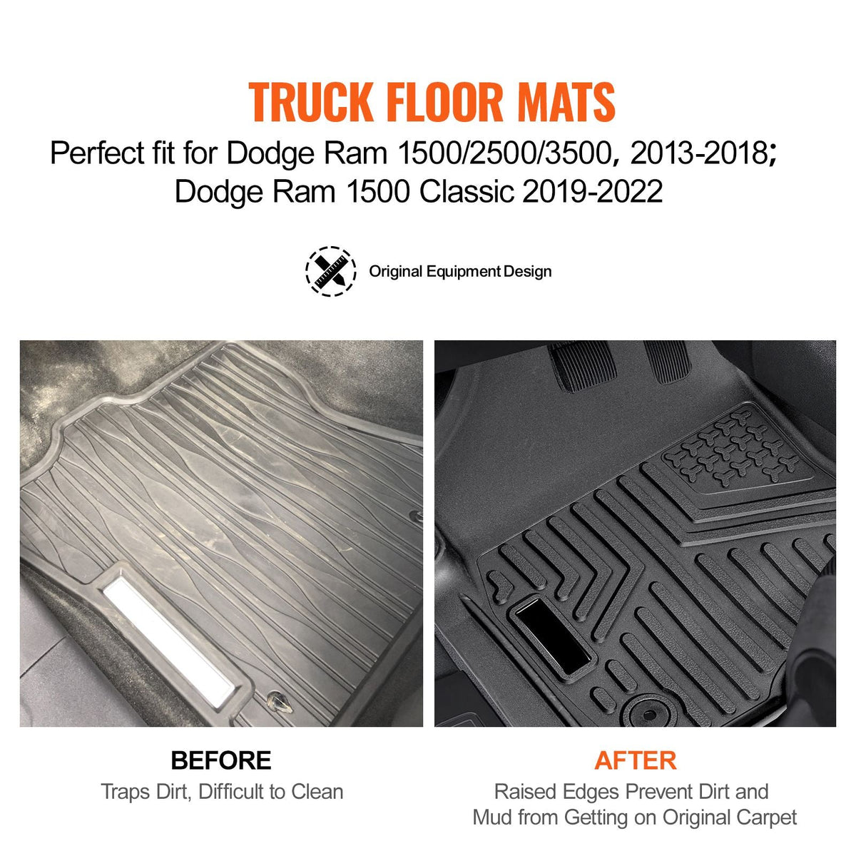 SKYSHALO Truck Floor Liners, Fits Dodge Ram 1500/2500/3500 & 1500 Classic 2013-2018/2019-2022(Crew Cab Only), Include 3 Front & Second Row Mats, Weather-Resistant TPE Custom Fit Mats for Pickup, Black