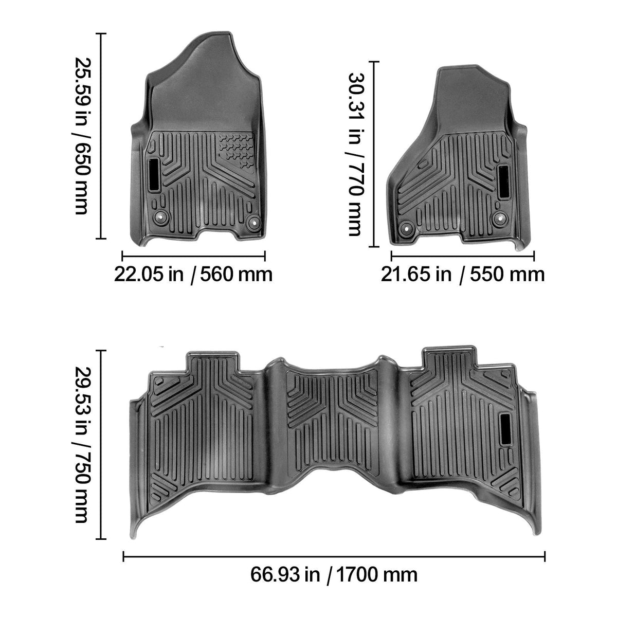 SKYSHALO Truck Floor Liners, Fits Dodge Ram 1500/2500/3500 & 1500 Classic 2013-2018/2019-2022(Crew Cab Only), Include 3 Front & Second Row Mats, Weather-Resistant TPE Custom Fit Mats for Pickup, Black