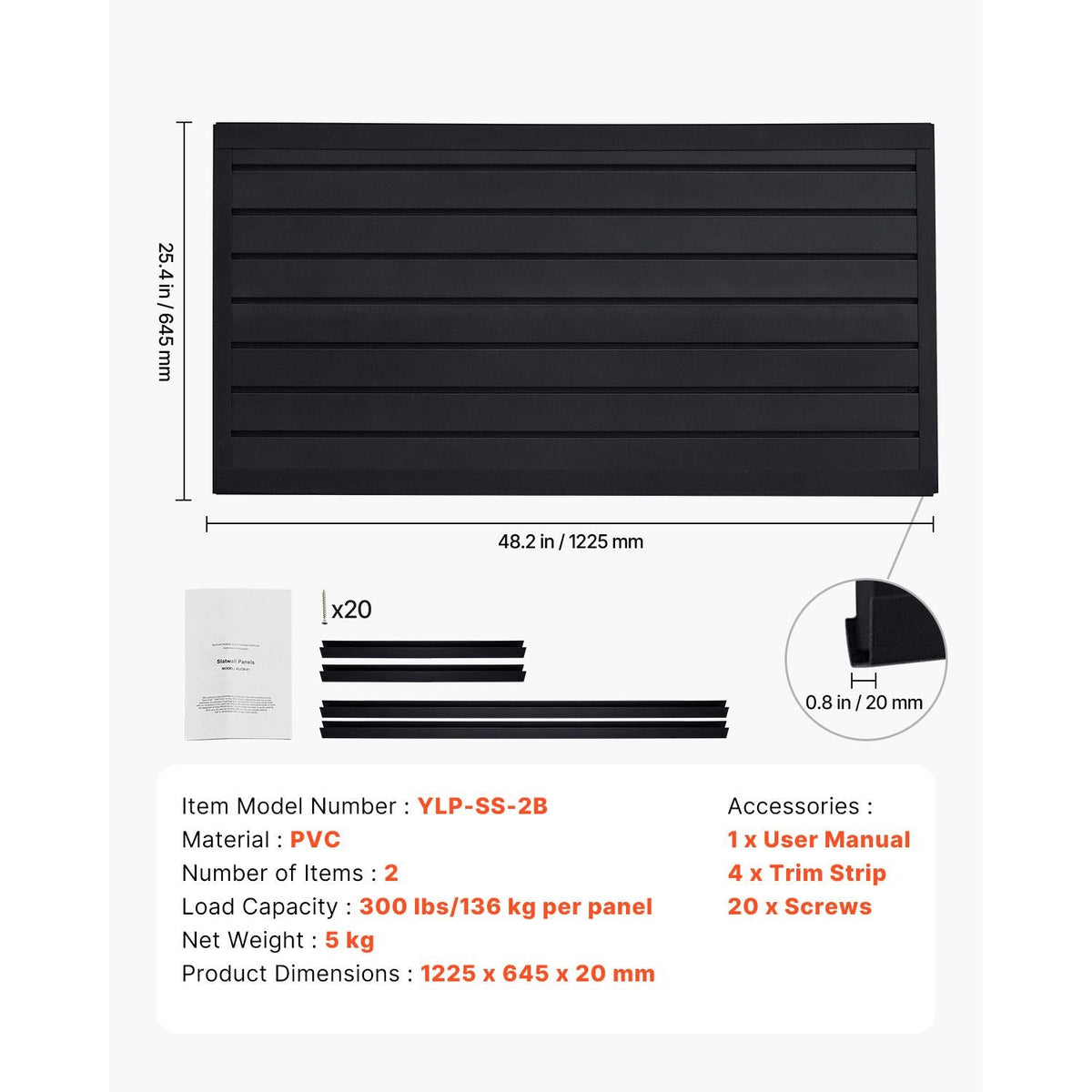Slat Wall Paneling, 2 x 4 ft, PVC Garage Slatwall with Modular Design, Black Slat Wall Easy-to-Install Adjustable Slatwall Panel with Coupling Structure & DIY Cutting, Fits for Storage & Display