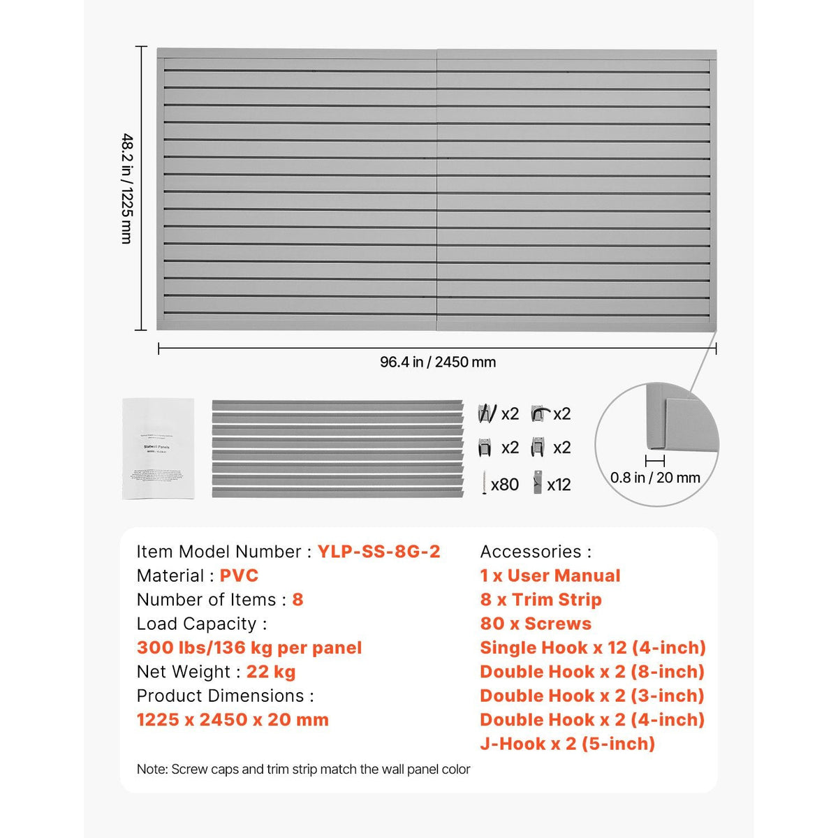 Slat Wall Paneling, 8 x 4 ft, PVC Garage Slatwall with Accessories, Grey Slat Wall Easy-to-Install Adjustable Slatwall Panel with Coupling Structure & DIY Cutting, Fits for Storage & Display