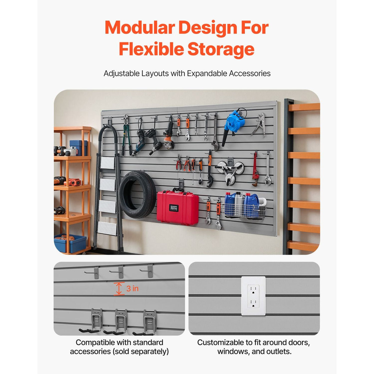 Slat Wall Paneling, 8 x 4 ft, PVC Garage Slatwall with Accessories, Grey Slat Wall Easy-to-Install Adjustable Slatwall Panel with Coupling Structure & DIY Cutting, Fits for Storage & Display
