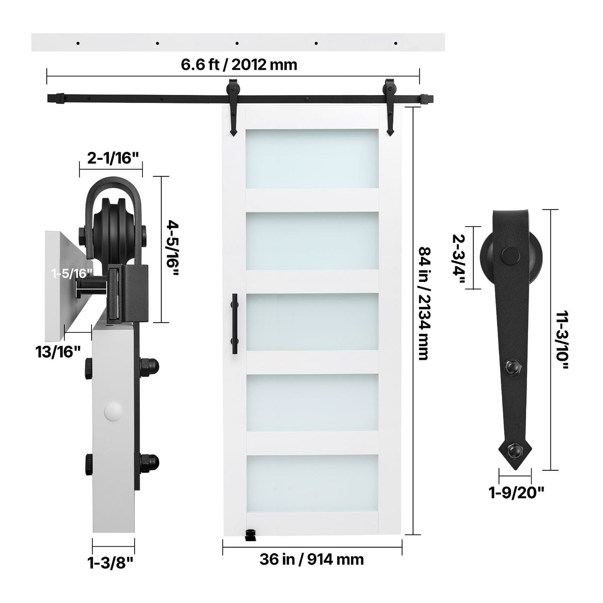 Sliding Barn Door, 36 x 84 inch, High-Strength MDF Panel and Glass, Barn Door with Hardware Kit, Water-Proof PVC Surface, Easy to Install, H-Frame, Smoothly and Quietly Sliding for Living Room