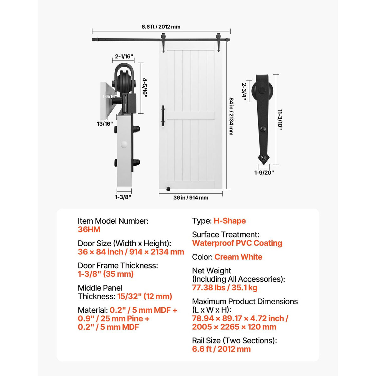 Sliding Barn Door, 36 x 84 inch, High-Strength MDF Panel, Barn Door with Hardware Kit, Water-Proof PVC Surface, Easy to Install, H-Frame, Smoothly and Quietly Sliding for Living Room, Bathroom