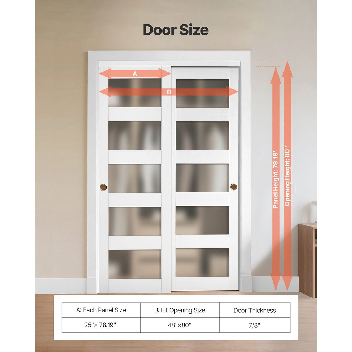 Sliding Closet Door, 48" (Double 25") x 80", 5-Lite Frosted Glass Bypass Sliding Doors with Hardware Kit & Floor Guide, Solid Wood & MDF Slab with Waterproof PVC Surface for Closets Bedrooms