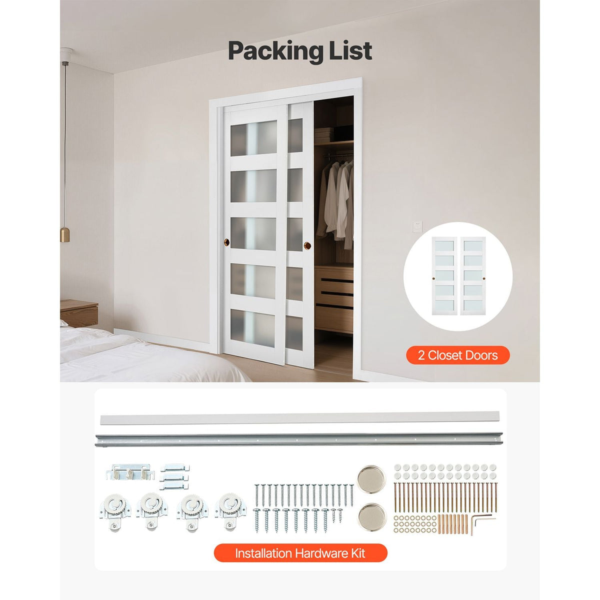 Sliding Closet Door, 48" (Double 25") x 80", 5-Lite Frosted Glass Bypass Sliding Doors with Hardware Kit & Floor Guide, Solid Wood & MDF Slab with Waterproof PVC Surface for Closets Bedrooms