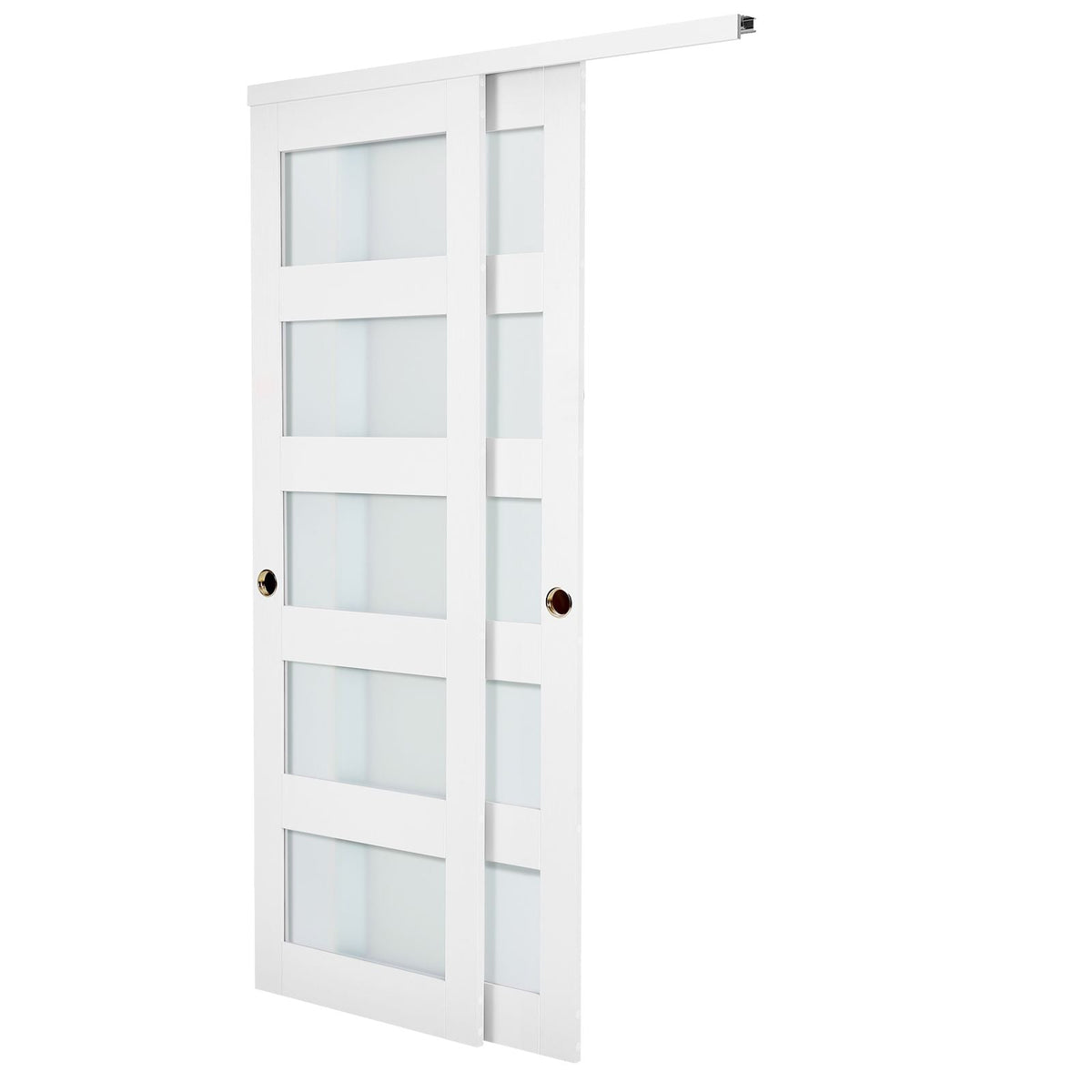 Sliding Closet Door, 48" (Double 25") x 80", 5-Lite Frosted Glass Bypass Sliding Doors with Hardware Kit & Floor Guide, Solid Wood & MDF Slab with Waterproof PVC Surface for Closets Bedrooms