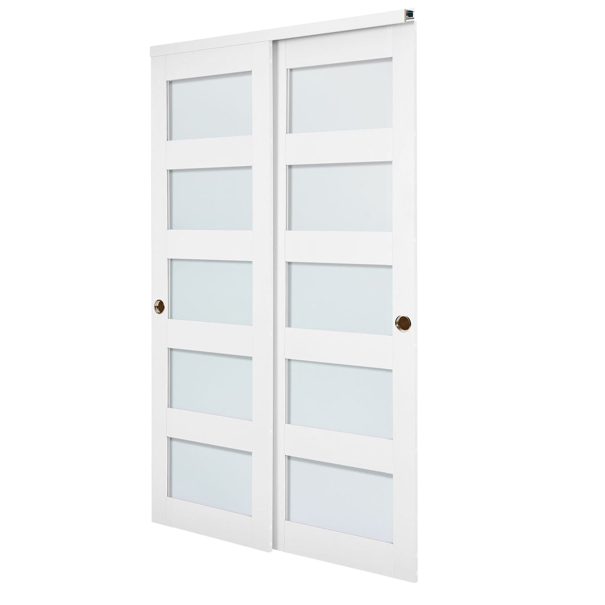 Sliding Closet Door, 48" (Double 25") x 80", 5-Lite Frosted Glass Bypass Sliding Doors with Hardware Kit & Floor Guide, Solid Wood & MDF Slab with Waterproof PVC Surface for Closets Bedrooms
