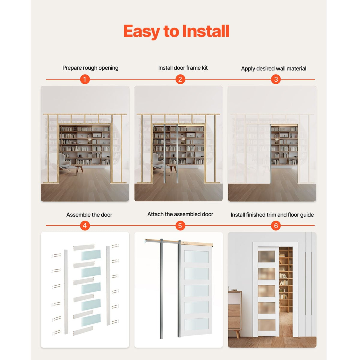 Sliding Pocket Door, 30" x 80", 5-Lite Frosted Glass Single Sliding Door with Hardware Kit, Sturdy Solid Wood & MDF Pocket Doors Slab with Waterproof Surface for Bedroom Kitchen Study Room