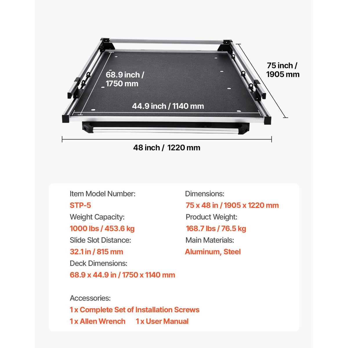 Sliding Truck Bed Organizer, 75 x 48-Inch Heavy Duty Truck Bed Storage Drawer with 1000 lbs Capacity, Features 6 Movable Rings for Securing, 2-Postion Slide out Tray for Pickup Trucks, Black