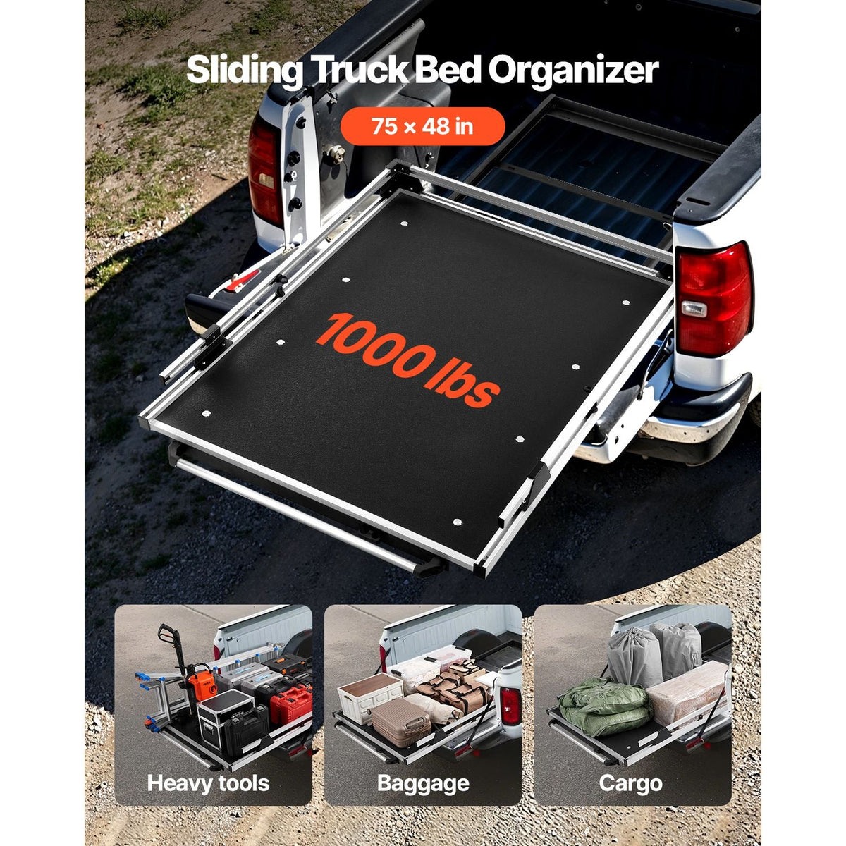 Sliding Truck Bed Organizer, 75 x 48-Inch Heavy Duty Truck Bed Storage Drawer with 1000 lbs Capacity, Features 6 Movable Rings for Securing, 2-Postion Slide out Tray for Pickup Trucks, Black