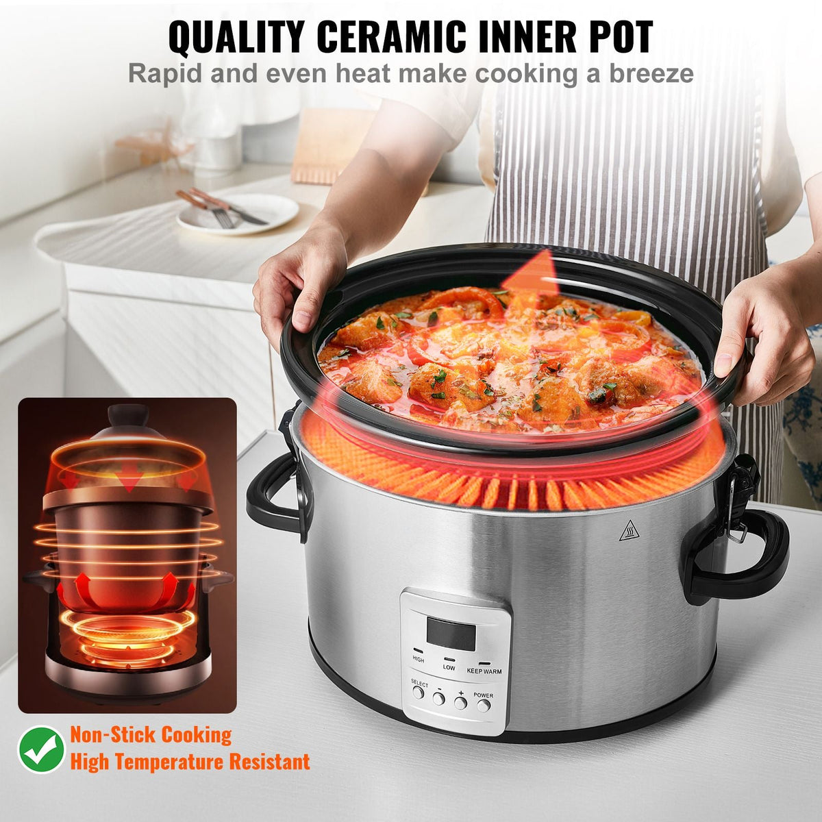 Slow Cooker, 8QT 320W Electric Slow Cooker Pot with 3-Level Heat Settings, Digital Slow Cookers with 20 Hours Max Timer, Locking Lid, Ceramic Inner Pot for Home/Commercial Use