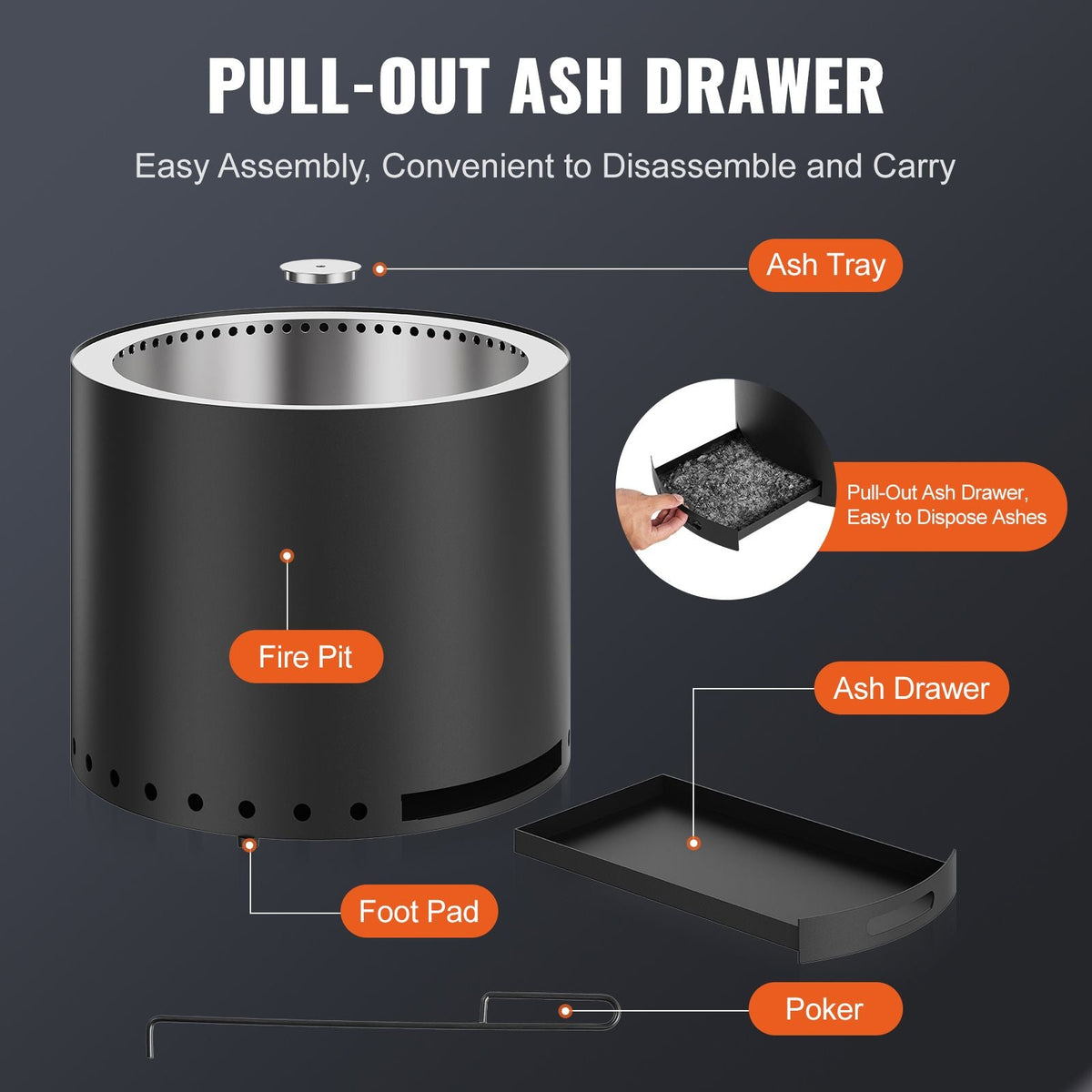 Smokeless Fire Pit Stove Bonfire, H: 15.4 in x Dia: 19.3 in ,Wood Burning Fireplaces with Removable Ash Pan, SUS430 Stainless Steel inner Portable Outdoor Firepit, for Outdoor Patio Camping