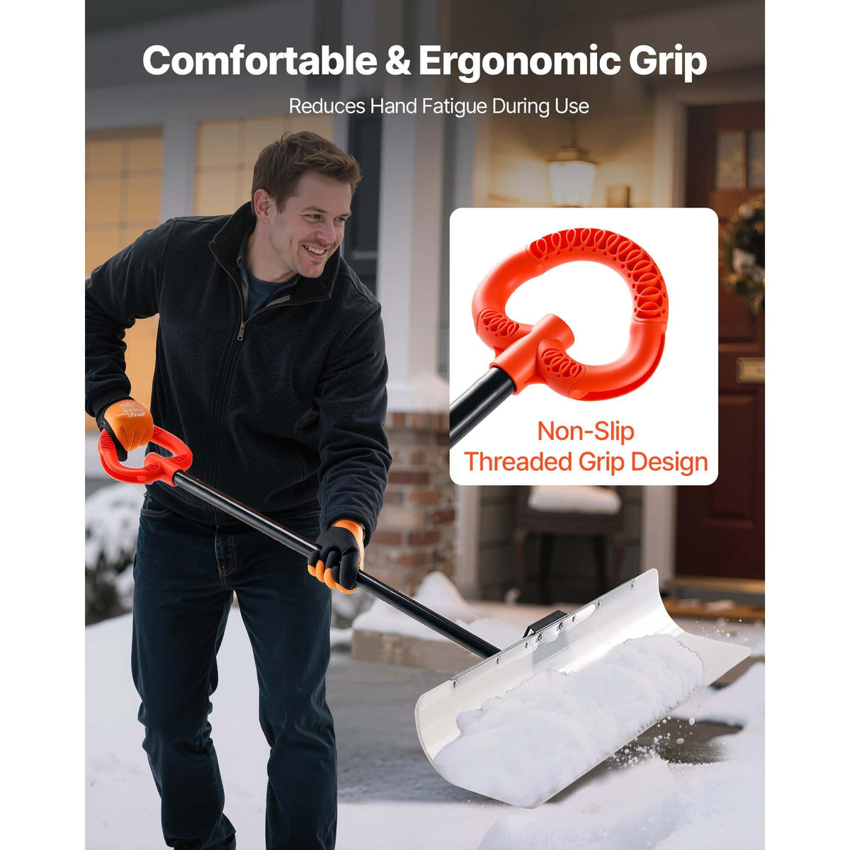 Snow Pusher Shovel, 36 in Outdoor Snowplow Shovel with Ergonomic Grip, HDPE Plastic Blade, Winter Shovels with Segmented Handle, Metal Edged Strip, Portable Snow Removal Tool for Driveway Garden