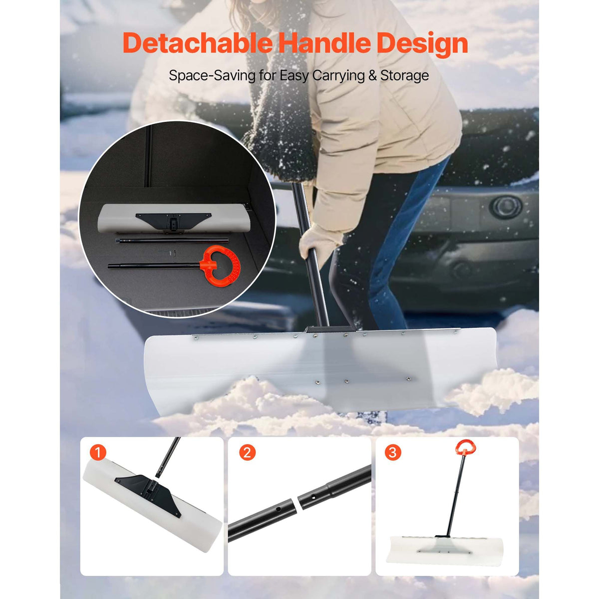 Snow Pusher Shovel, 36 in Outdoor Snowplow Shovel with Ergonomic Grip, HDPE Plastic Blade, Winter Shovels with Segmented Handle, Metal Edged Strip, Portable Snow Removal Tool for Driveway Garden