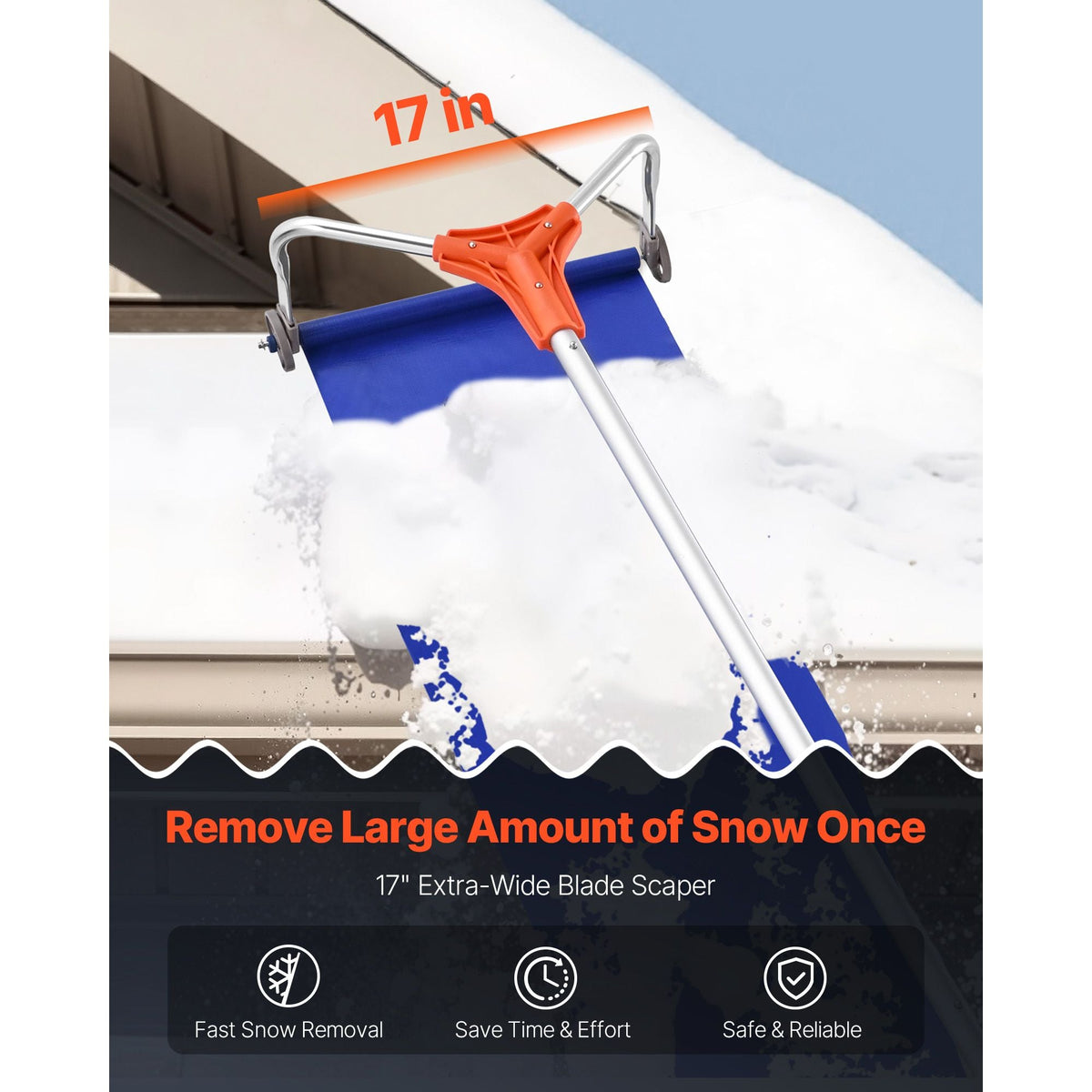 Snow Roof Rake, 17 in Aluminum Blade, 4.1-17.2 ft Adjustable Roof Snow Scraper with Wheels & Slide, Lightweight Snows Removal Tool for House Rooftop Leaves Debris Clearing
