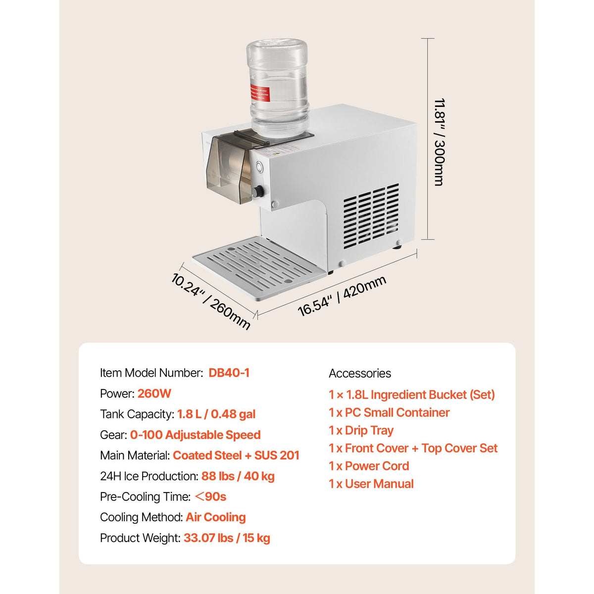 Snowflake Ice Machine, 88LBS/24H Snowflake Ice Maker, Ice-Shaver Machine with Stainless Steel Blade, Electric Snow Cone Maker with 0.48 Gal Tank, 90S Fast Pre-Cooling, for Home & Small Gathering