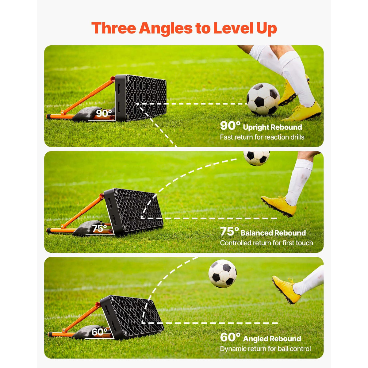 Soccer Rebounder Board, 37.4 x 9.8 in Portable Soccer Rebound Wall, Dual Surface Sports Kick Back Trainer, 3 Adjustable Angles, Easy Setup Ball Practice Equipment for Passing & Reaction Skills