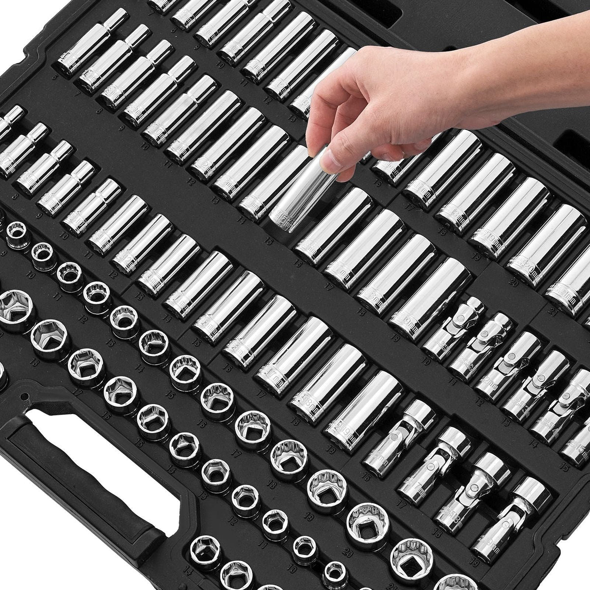 Socket Set, 104 Pieces, 3/8 inch Drive Socket Tool Set, Metric Size from 6 to 24 mm, Deep and Standard, Mechanic Tool Kit with Storage Case, Chrome Plated CR-V Alloy Steel, for Automotive Repair