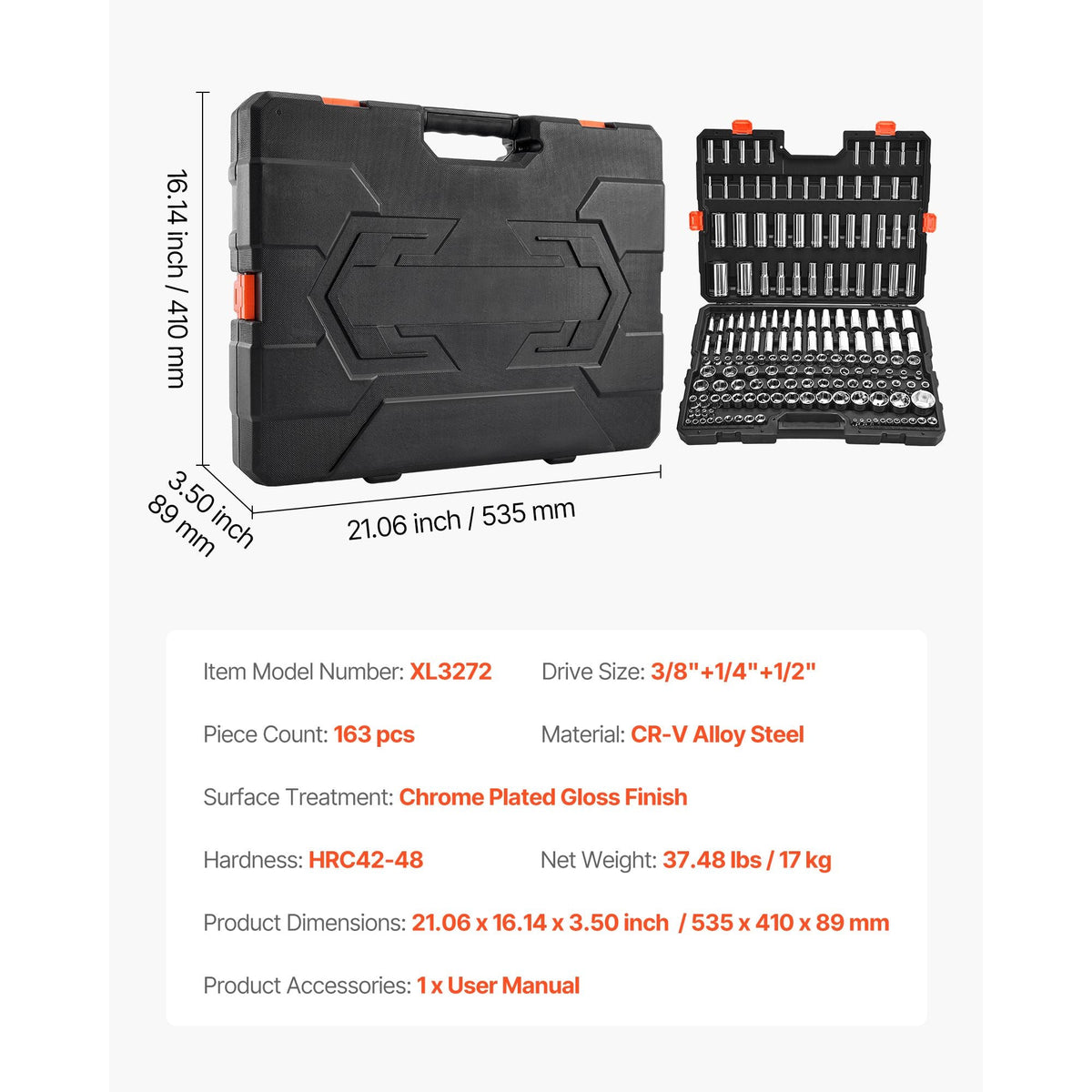 Socket Set, 163 Pieces, 3/8 & 1/4 & 1/2 inch Drive Socket Tool Set, SAE and Metric, Deep and Standard, Mechanic Tool Kit with Storage Case, Chrome Plated CR-V Alloy Steel, for Automotive Repair