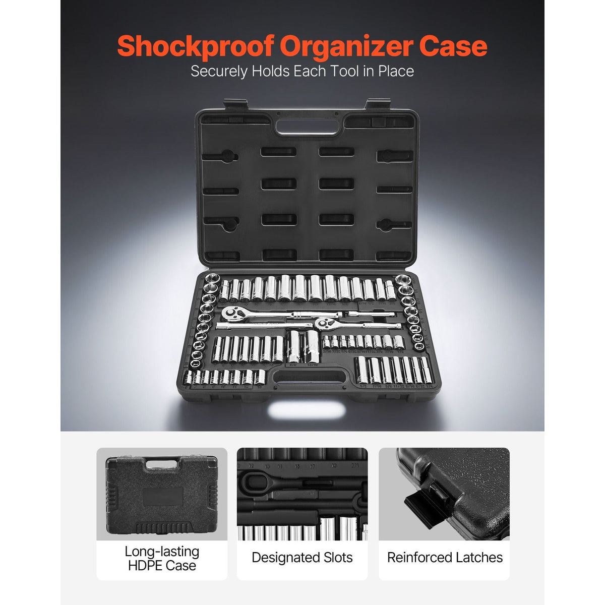 Socket Set, 69 Pieces, 3/8 & 1/4 inch Drive Socket and Ratchet Set, SAE and Metric, Deep and Standard, Mechanic Tool Kit with Accessories and Storage Case, CR-V Alloy Steel, for Auto Repair