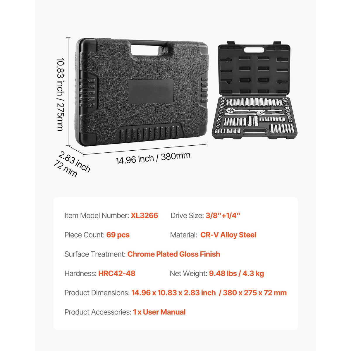 Socket Set, 69 Pieces, 3/8 & 1/4 inch Drive Socket and Ratchet Set, SAE and Metric, Deep and Standard, Mechanic Tool Kit with Accessories and Storage Case, CR-V Alloy Steel, for Auto Repair
