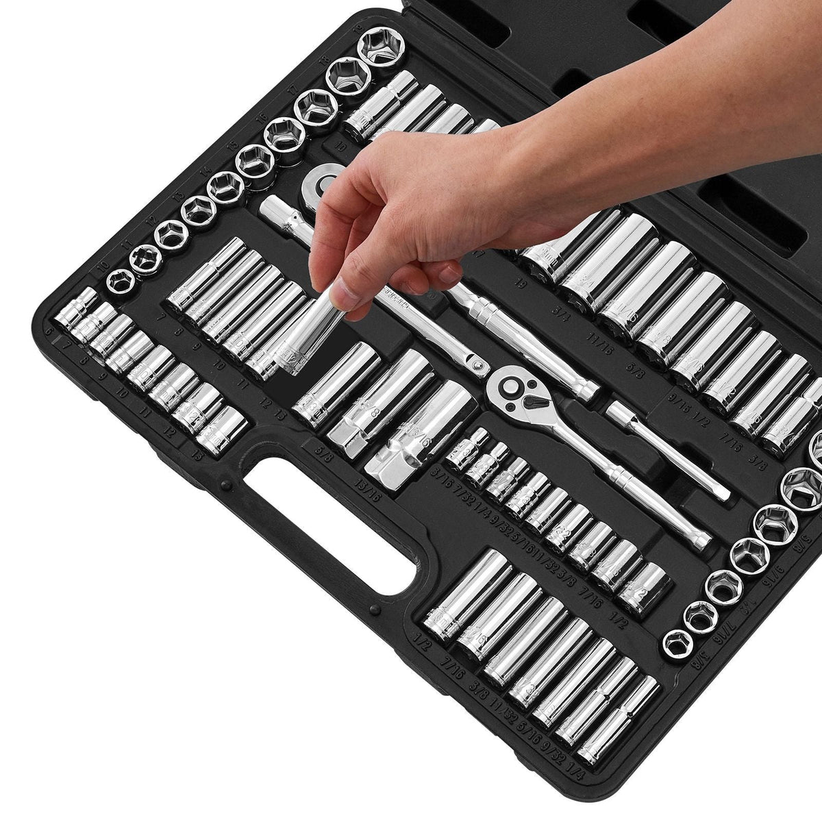 Socket Set, 69 Pieces, 3/8 & 1/4 inch Drive Socket and Ratchet Set, SAE and Metric, Deep and Standard, Mechanic Tool Kit with Accessories and Storage Case, CR-V Alloy Steel, for Auto Repair