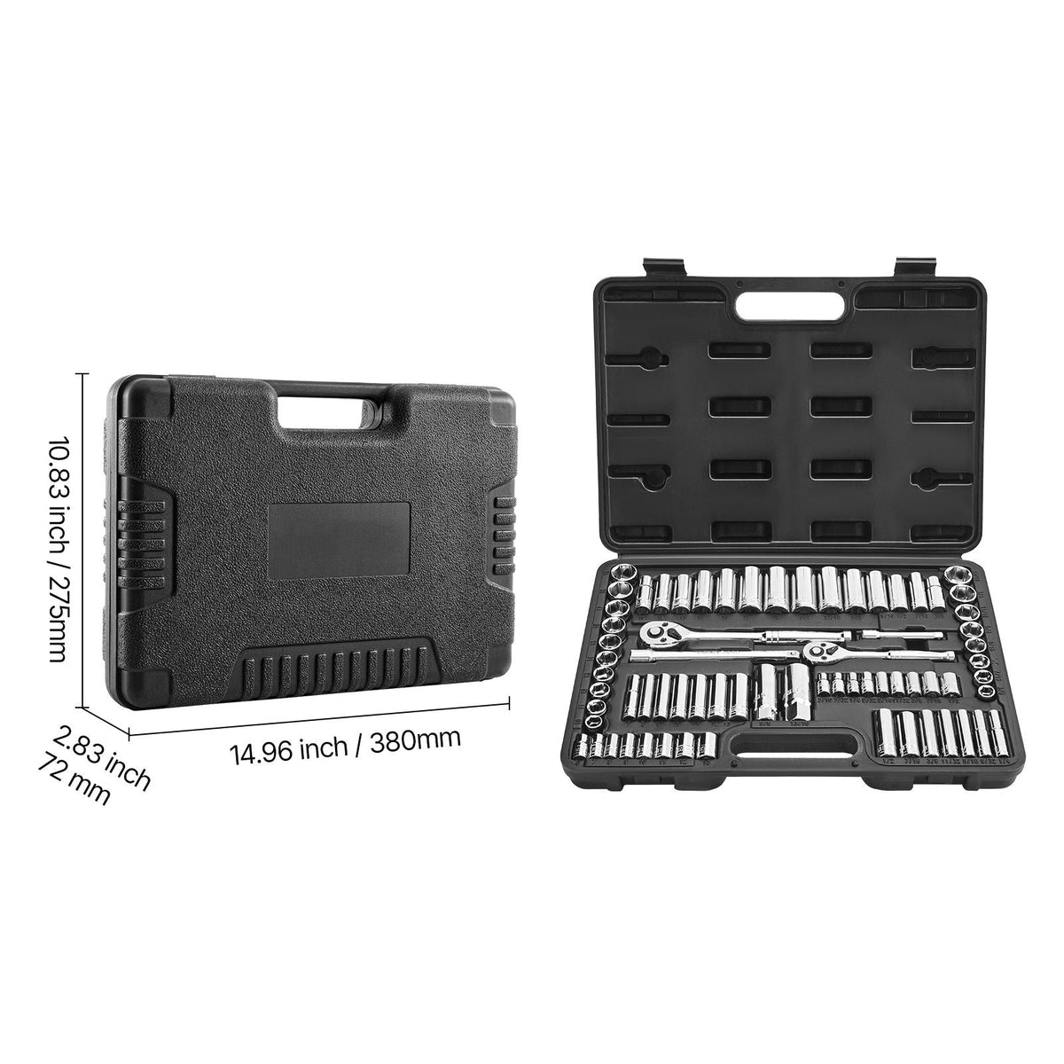 Socket Set, 69 Pieces, 3/8 & 1/4 inch Drive Socket and Ratchet Set, SAE and Metric, Deep and Standard, Mechanic Tool Kit with Accessories and Storage Case, CR-V Alloy Steel, for Auto Repair