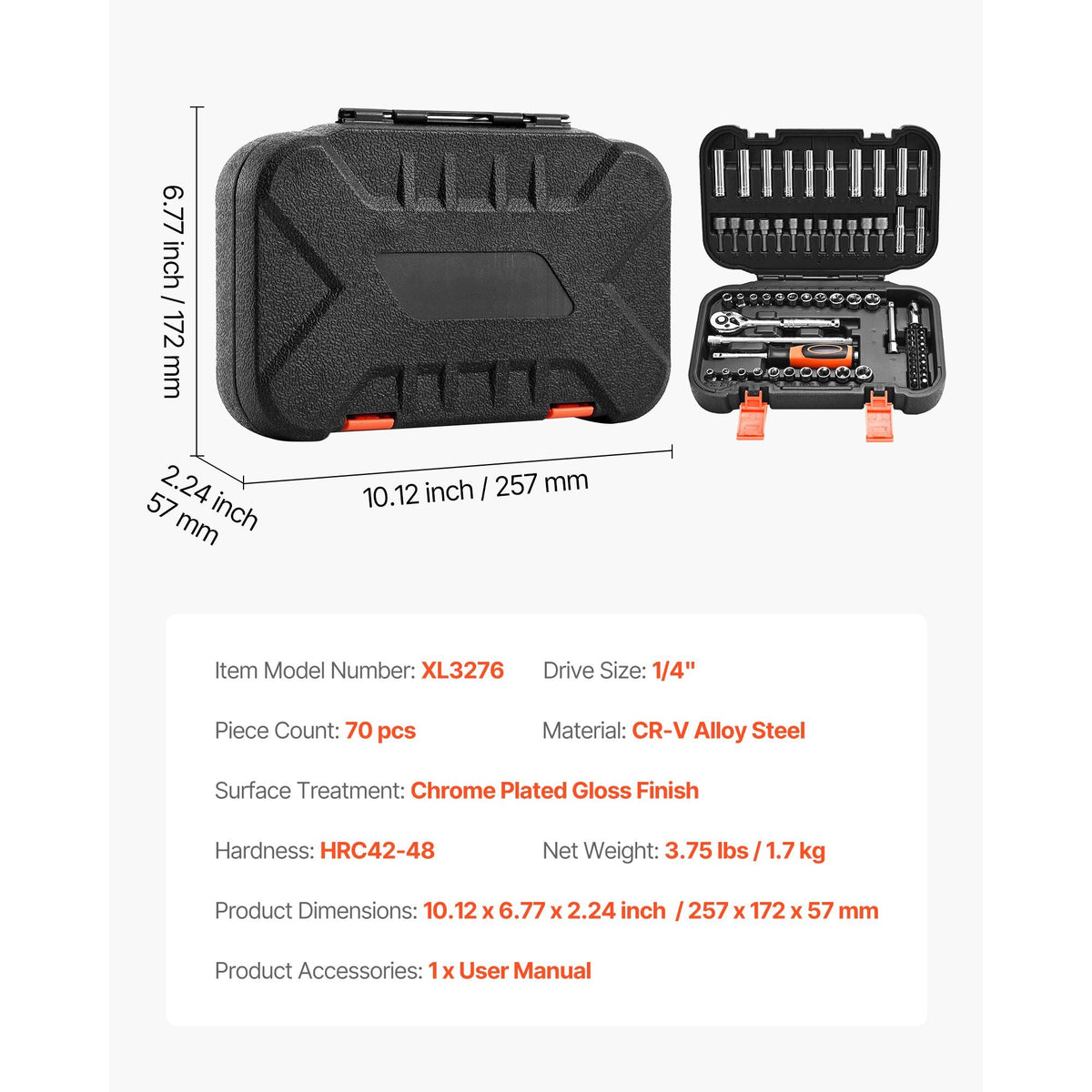 Socket Set, 70 Pieces, 1/4 inch Drive Socket and Ratchet Set, SAE and Metric, Deep and Shallow, Mechanic Tool Kit with Bits, Accessories and Storage Case, CR-V Alloy Steel, for Automotive Repair