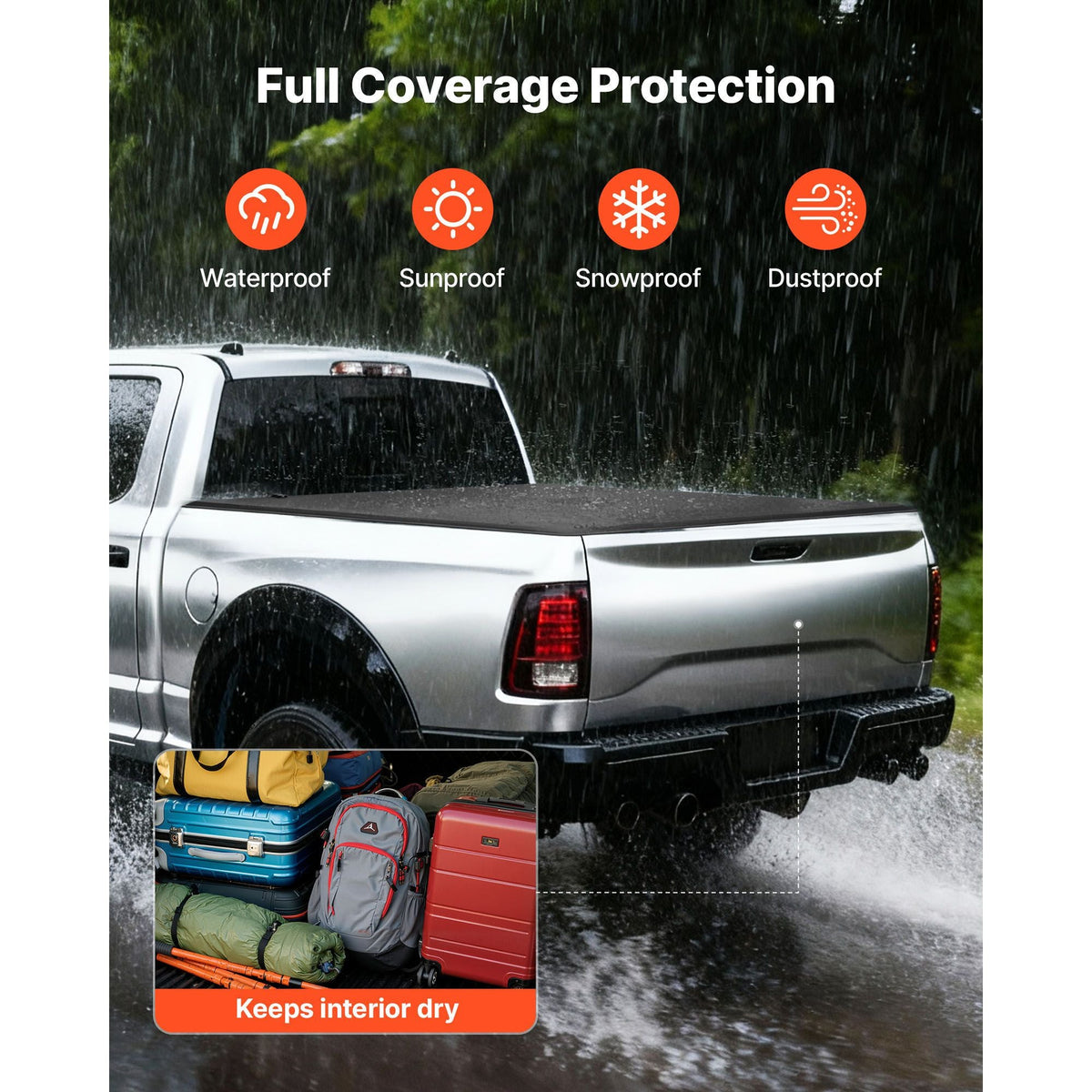 Soft Quad-Fold Truck Bed Tonneau Cover, Compatible with 2019-2024 Dodge Ram 1500 (Incl. Classic & New) 6.4 ft (76 in) Bed Without Rambox, Split Tailgate, Waterproof Folding Truck Tonneau Cover