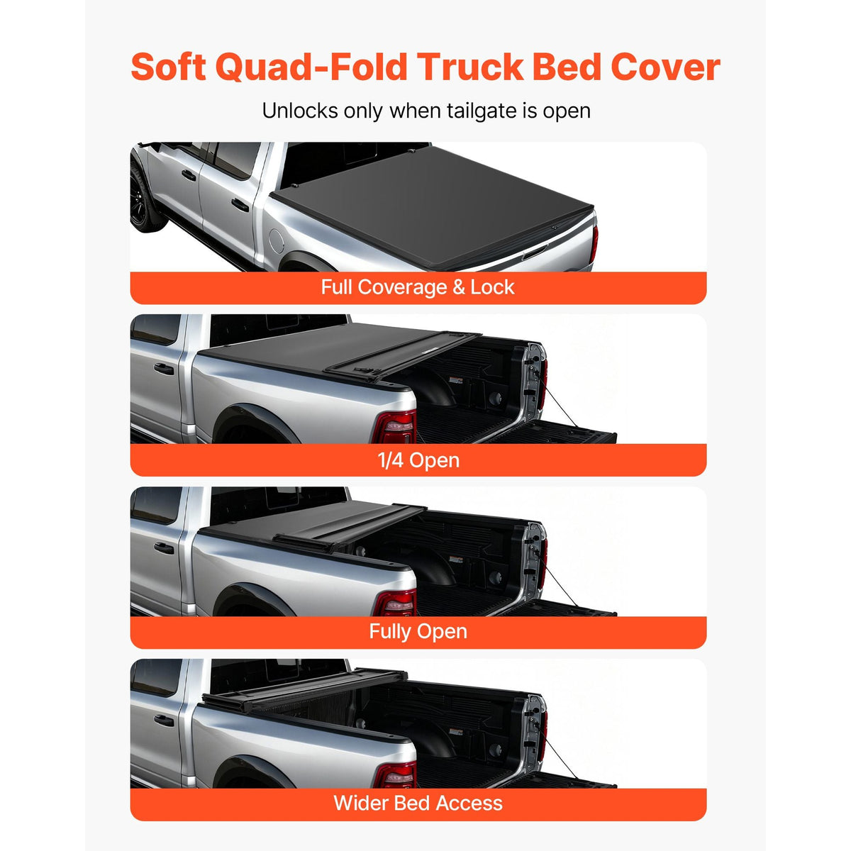 Soft Quad-Fold Truck Bed Tonneau Cover, Compatible with 2019-2024 Dodge Ram 1500 (Incl. Classic & New) 6.4 ft (76 in) Bed Without Rambox, Split Tailgate, Waterproof Folding Truck Tonneau Cover