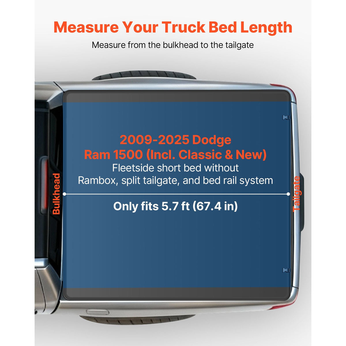 Soft Tri-Fold Truck Bed Tonneau Cover, Compatible with 2009-2025 Dodge Ram 1500 (Incl. Classic & New) 5.7 ft (67.4 in) Bed, Fleetside Without Rambox, Split Tailgate, and Track System, Waterproof