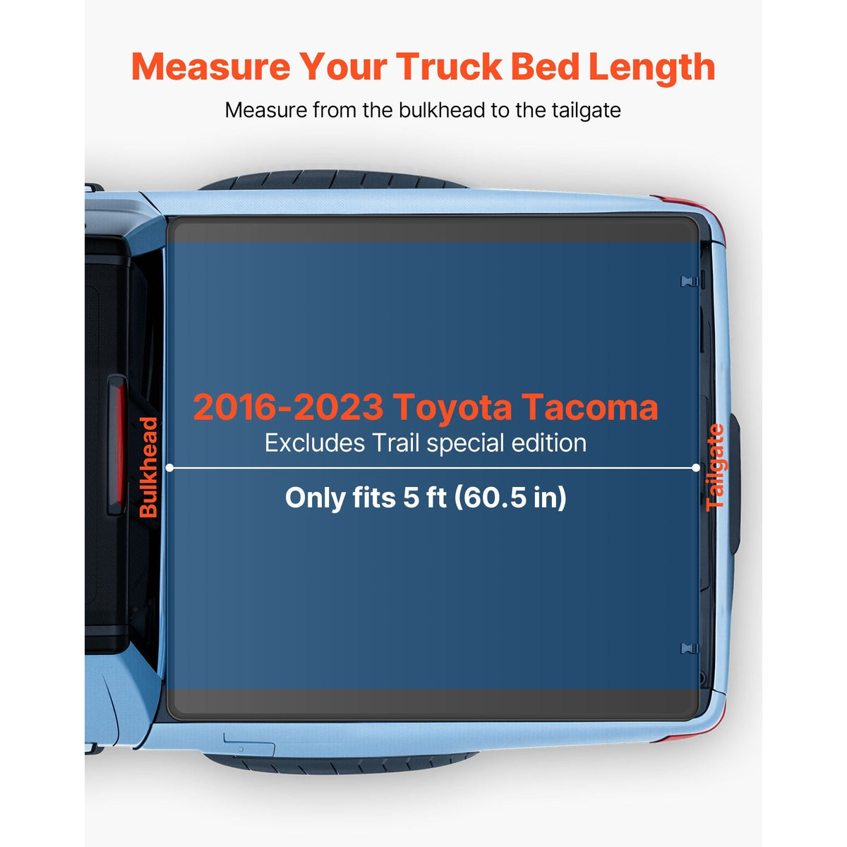 Soft Tri-Fold Truck Bed Tonneau Cover, Compatible with 2016-2023 Toyota Tacoma (Excl. Trail Edition) 5 ft (60.5 in) Bed with Track Rail System, Fleetside, Waterproof Folding Truck Tonneau Cover