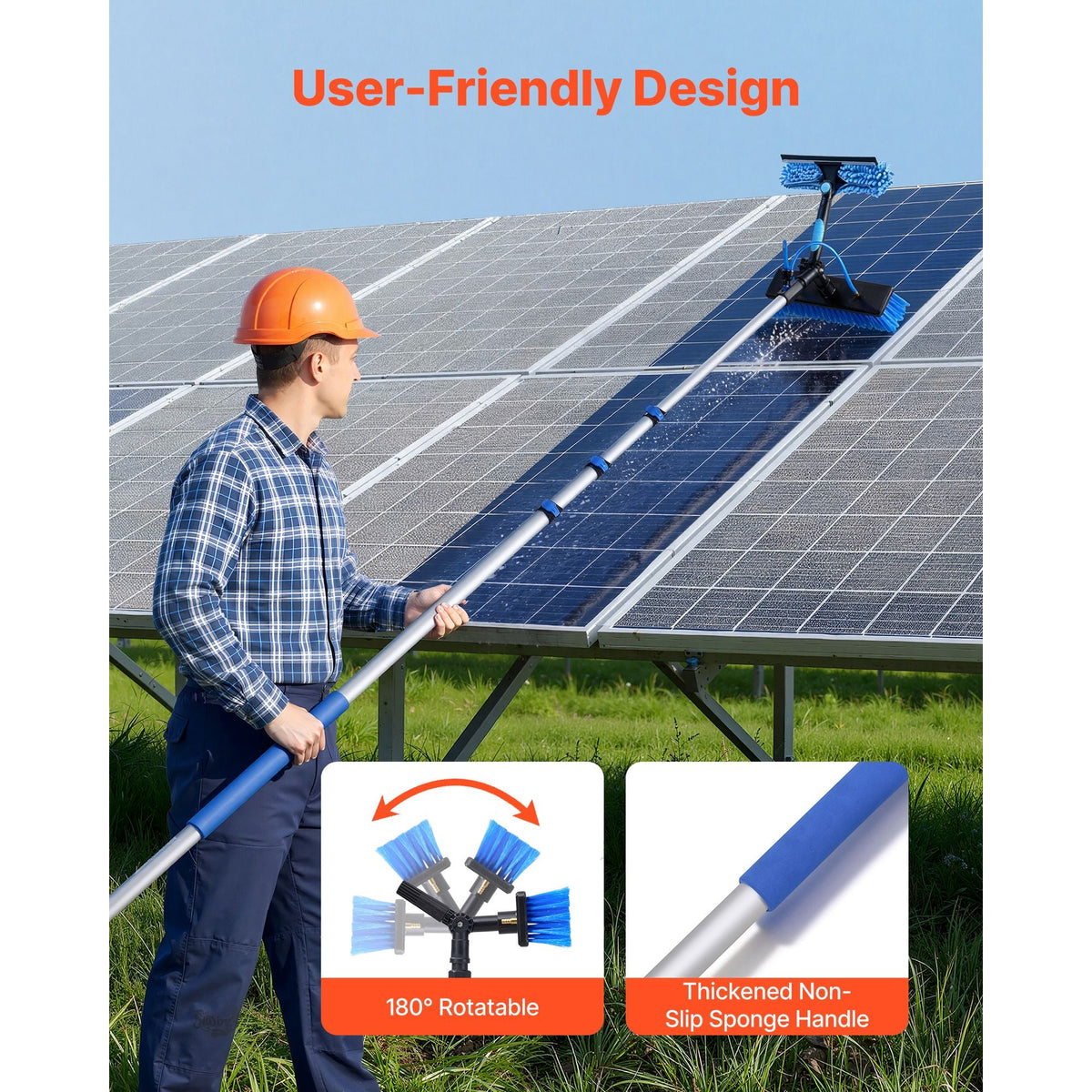 Solar Panel Cleaning Kit, 20 ft, Water Fed Pole Kit with Cleaning Brush, Soap Dispenser, Extendable Aluminum Telescopic Pole, 180° Rotatable Brush Head, for Roof Mounted Solar Panels, Windows