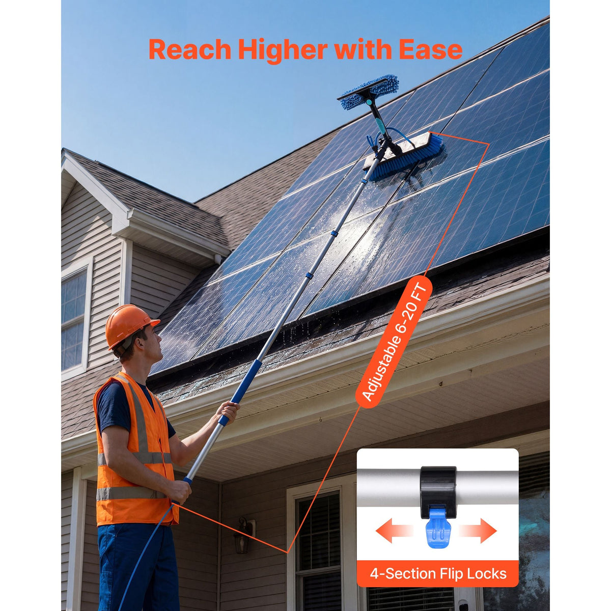 Solar Panel Cleaning Kit, 20 ft, Water Fed Pole Kit with Cleaning Brush, Soap Dispenser, Extendable Aluminum Telescopic Pole, 180° Rotatable Brush Head, for Roof Mounted Solar Panels, Windows