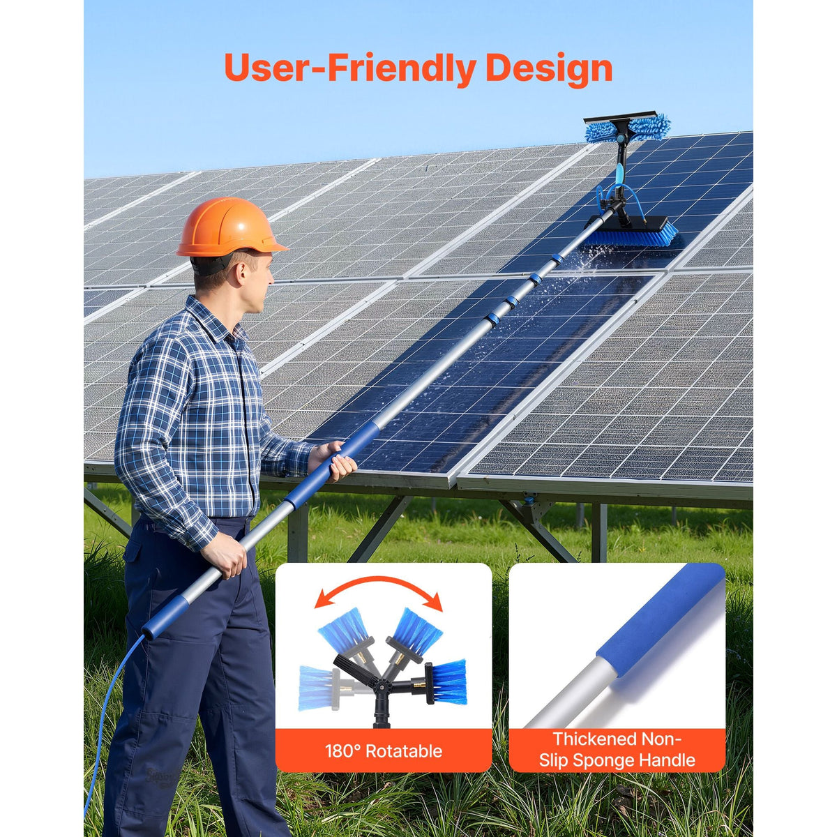 Solar Panel Cleaning Kit, 24 ft, Water Fed Pole Kit with Cleaning Brush, Soap Dispenser, Extendable Aluminum Telescopic Pole, 180° Rotatable Brush Head, for Roof Mounted Solar Panels, Windows