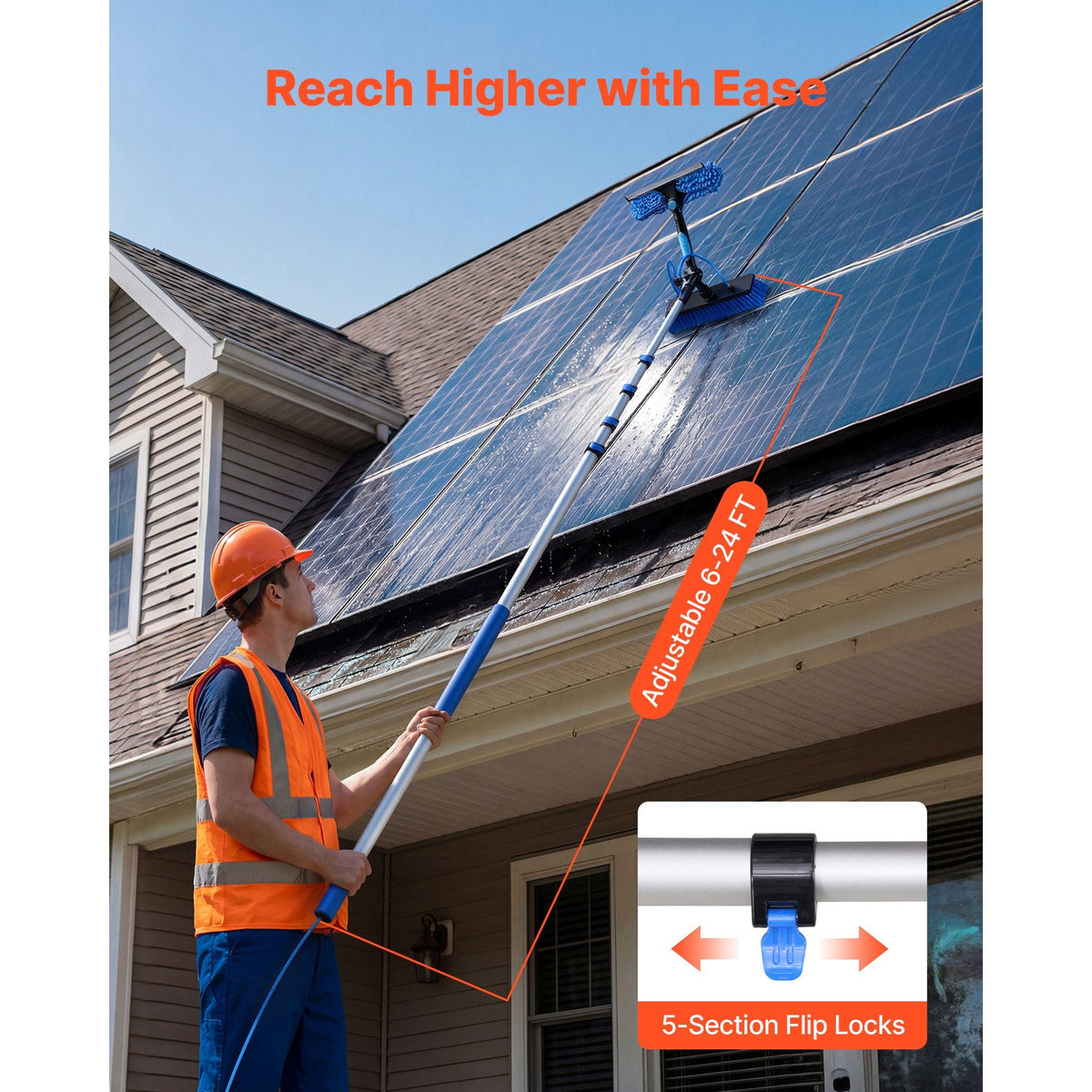 Solar Panel Cleaning Kit, 24 ft, Water Fed Pole Kit with Cleaning Brush, Soap Dispenser, Extendable Aluminum Telescopic Pole, 180° Rotatable Brush Head, for Roof Mounted Solar Panels, Windows