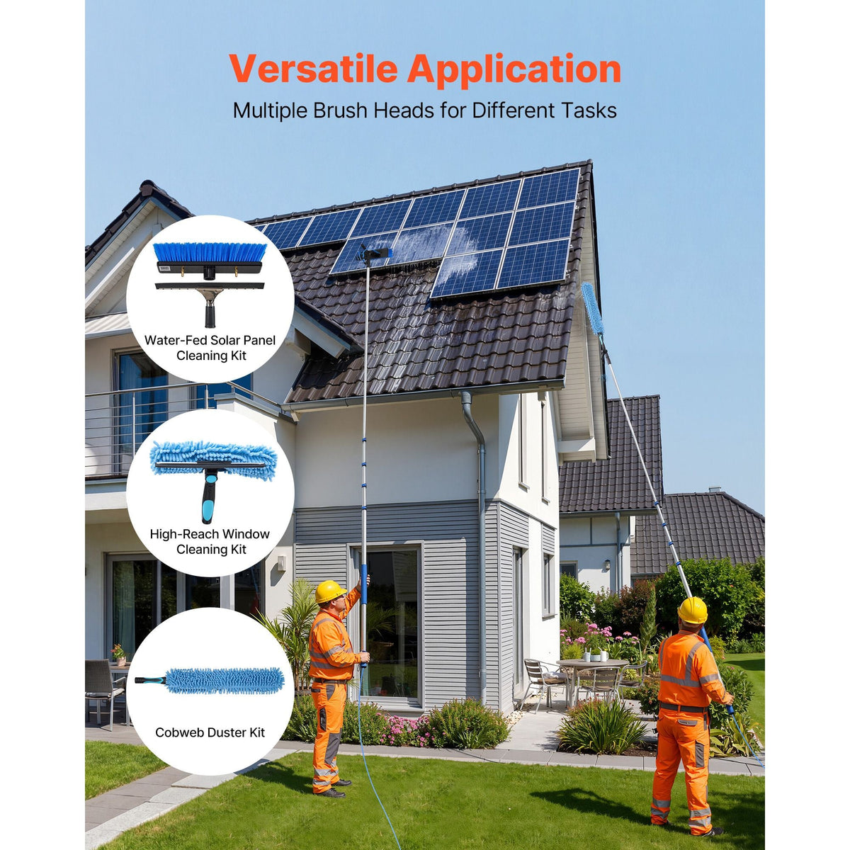 Solar Panel Cleaning Kit, 24 ft, Water Fed Pole Kit with Cleaning Brush, Soap Dispenser, Extendable Aluminum Telescopic Pole, 180° Rotatable Brush Head, for Roof Mounted Solar Panels, Windows