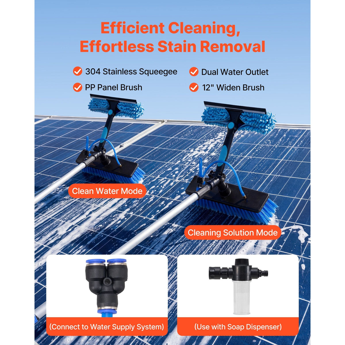 Solar Panel Cleaning Kit, 24 ft, Water Fed Pole Kit with Cleaning Brush, Soap Dispenser, Extendable Aluminum Telescopic Pole, 180° Rotatable Brush Head, for Roof Mounted Solar Panels, Windows