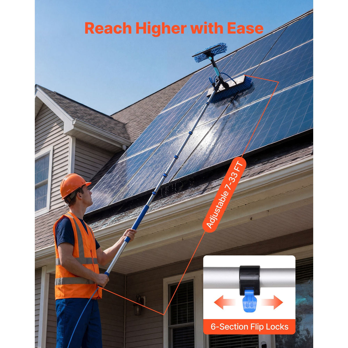 Solar Panel Cleaning Kit, 39 ft, Water Fed Pole Kit with Cleaning Brush, Soap Dispenser, Extendable Aluminum Telescopic Pole, 180° Rotatable Brush Head, for Roof Mounted Solar Panels, Windows