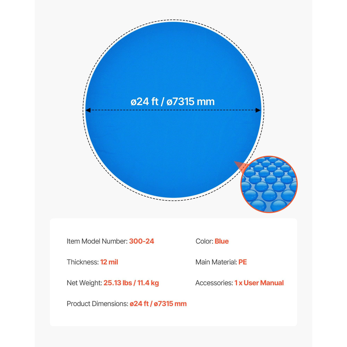 Solar Pool Cover, 24 ft Round Pool Bubble Cover, 12 Mil Pools Solar Blanket with Bubble & PE Material, Daytime Heat Absorption, Nighttime Heat Retention, Heat Retaining Solars Covers, Blue