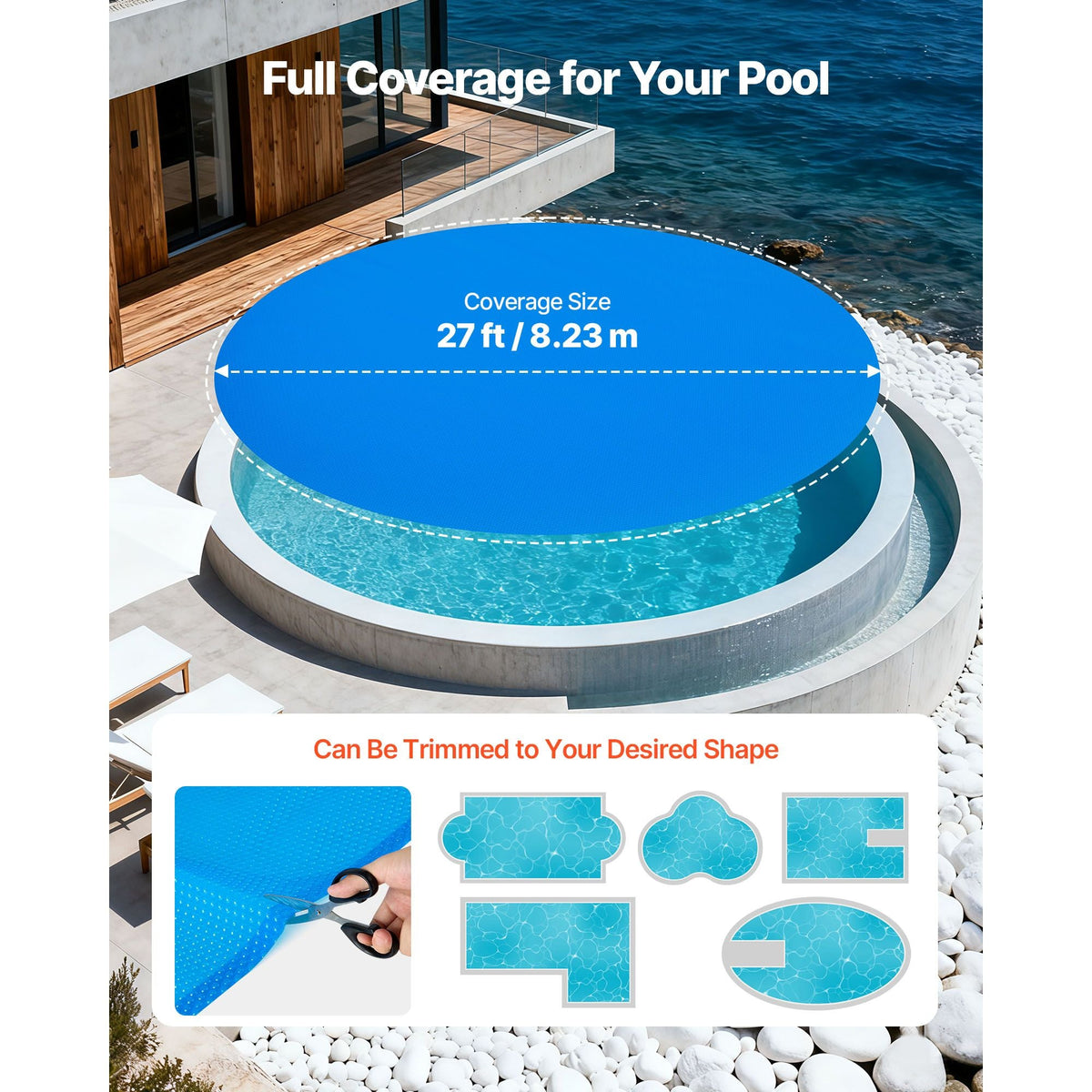 Solar Pool Cover, 27 ft Round Pool Bubble Cover, 16 Mil Pools Solar Blanket with Bubble & PE Material, Daytime Heat Absorption, Nighttime Heat Retention, Heat Retaining Solars Covers, Blue
