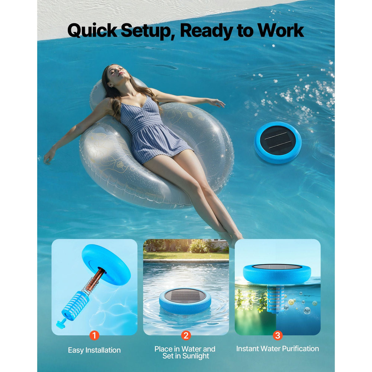 Solar Pool Ionizer, Round Copper Pool Ionizer Up to 45000 Gal, Floating Automatic Water Cleaner and Purifier, Chlorine Free Water, with Copper Anode, Spring, Brush and Filter for Pools & Spas
