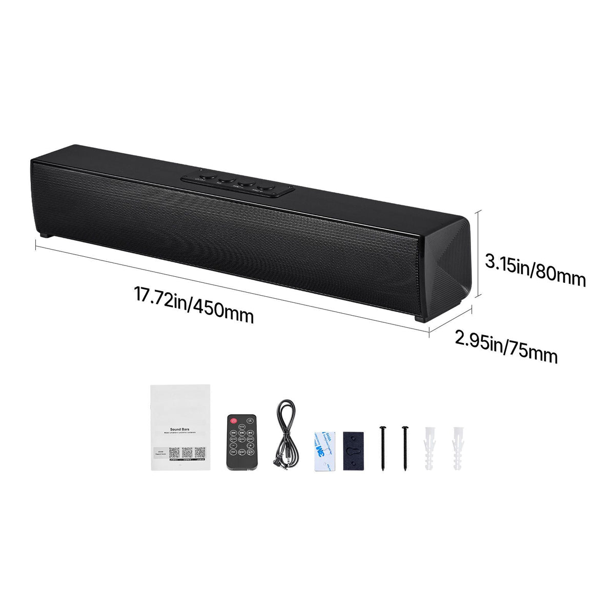 Sound Bar for Smart TV, 2.0 Channel, 17-Inch Compact Soundbar TV Speakers for Projector, Bluetooth AUX Connection, Remote Control, Easy Setup, 80W Surround Sound System for PC Home Theater Audio