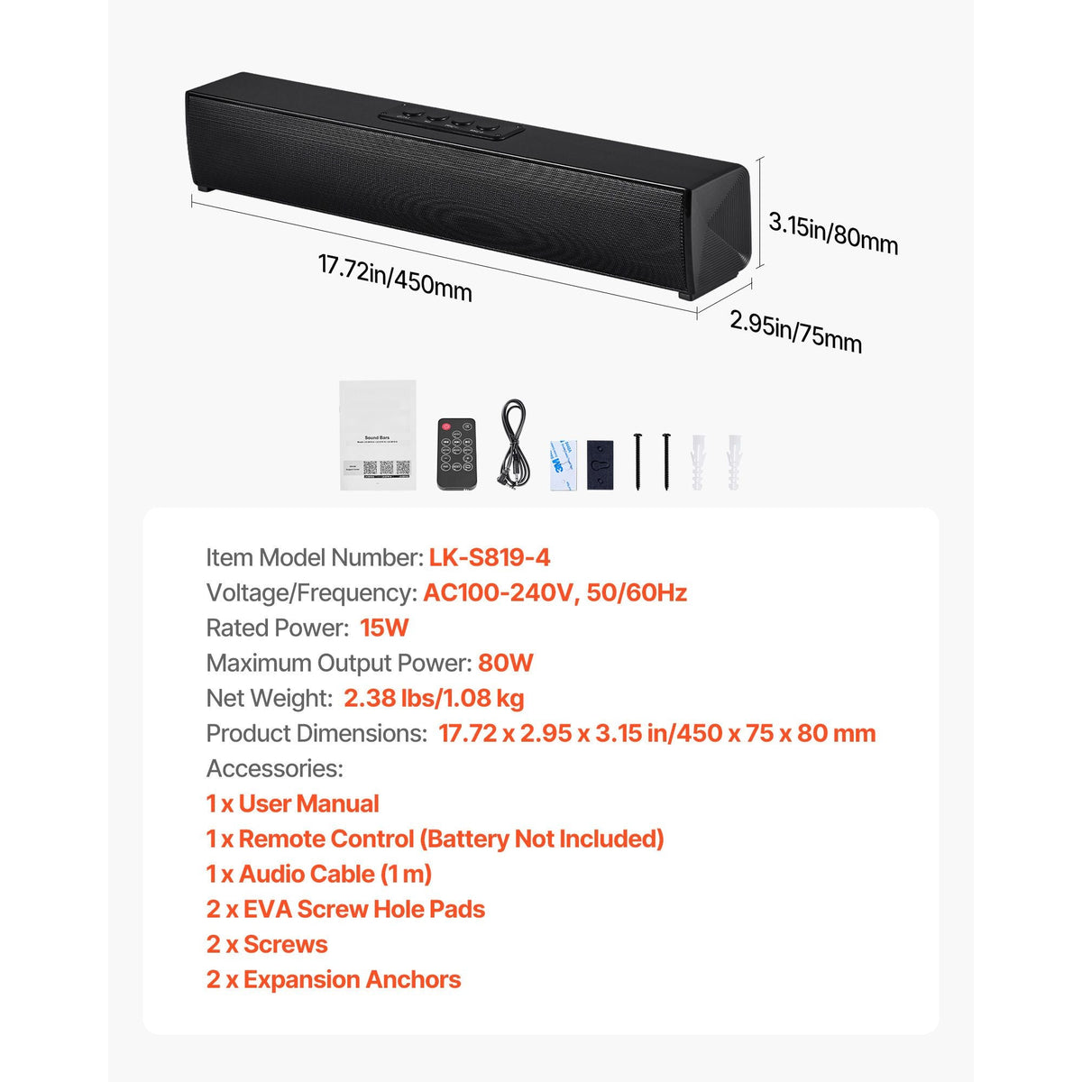 Sound Bar for Smart TV, 2.0 Channel, 17-Inch Compact Soundbar TV Speakers for Projector, Bluetooth AUX Connection, Remote Control, Easy Setup, 80W Surround Sound System for PC Home Theater Audio