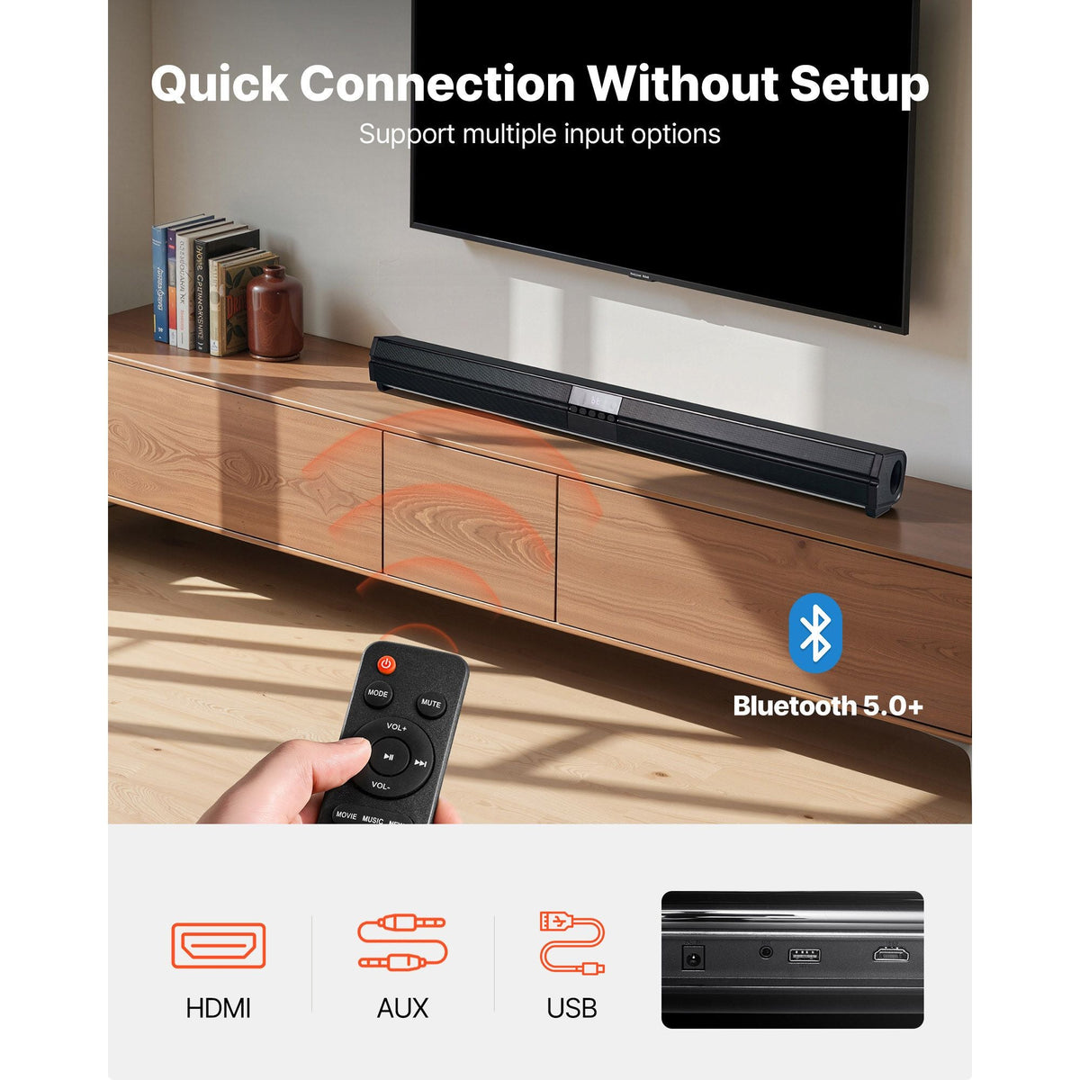 Sound Bar for Smart TV, 2.0 Channel, 32-Inch Compact Soundbar TV Speakers for Projector, Bluetooth AUX Connection, Remote Control, Easy Setup, 80W Surround Sound System for PC Home Theater Audio