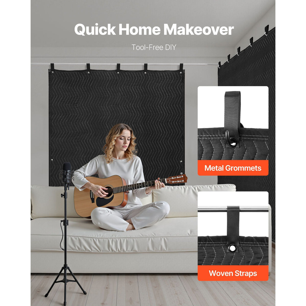 Sound Dampening Blankets, Soundproof Curtains with 80 x 48 in, Soundproof Blanket with Grommets, Studio Grommeted Blanket, for Window, Door, Light Blocker, Music Recording, Black